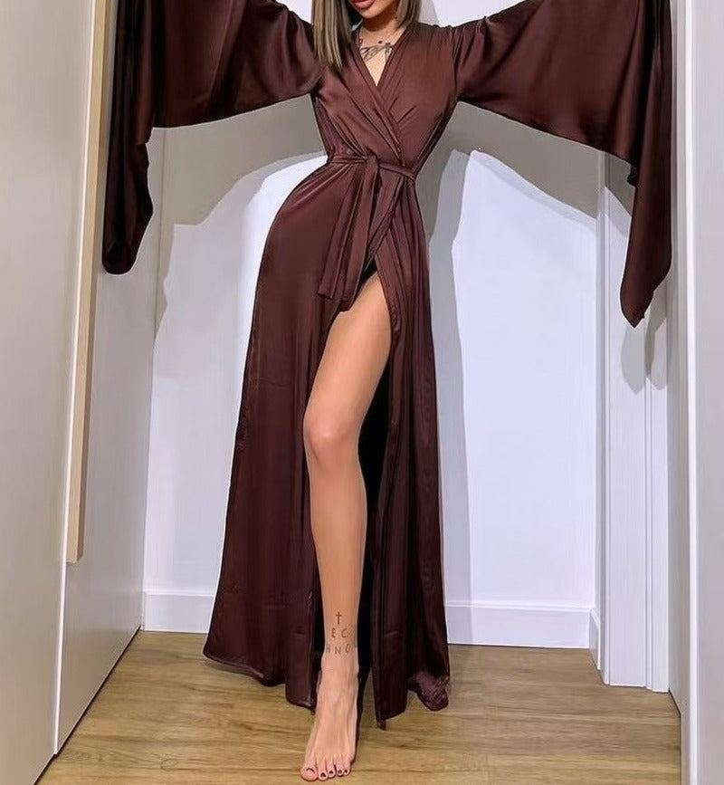 Satin Bell Sleeve High Slit Long Wrap Robe - Chocolate