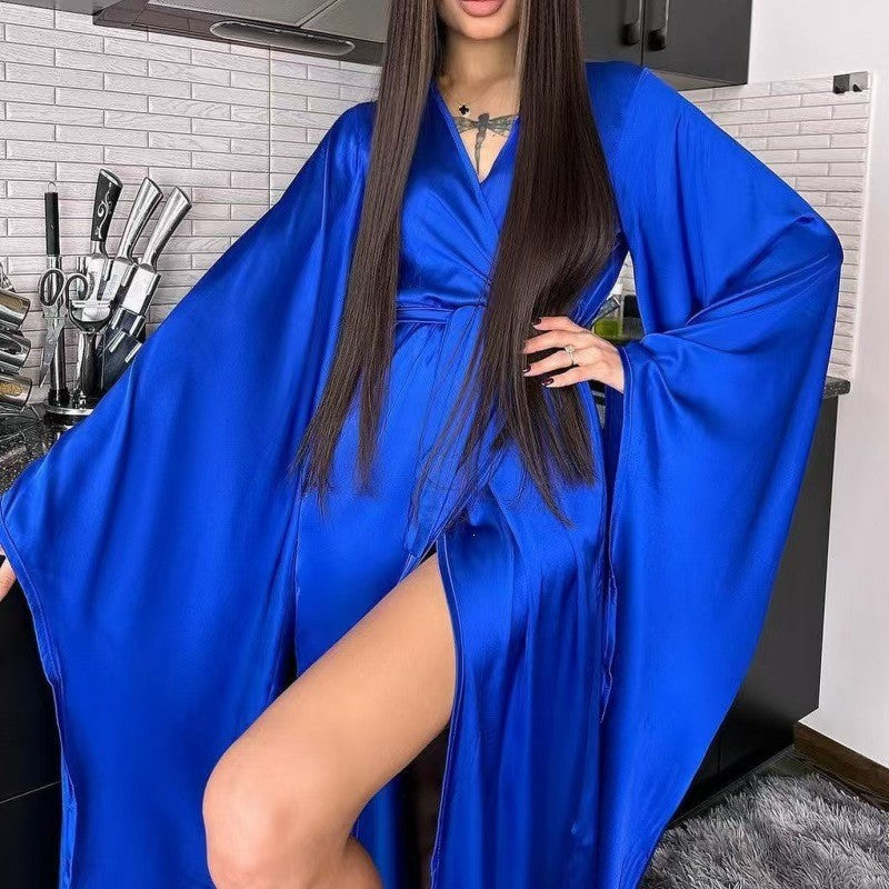 Satin Bell Sleeve High Slit Long Wrap Robe - Royal Blue