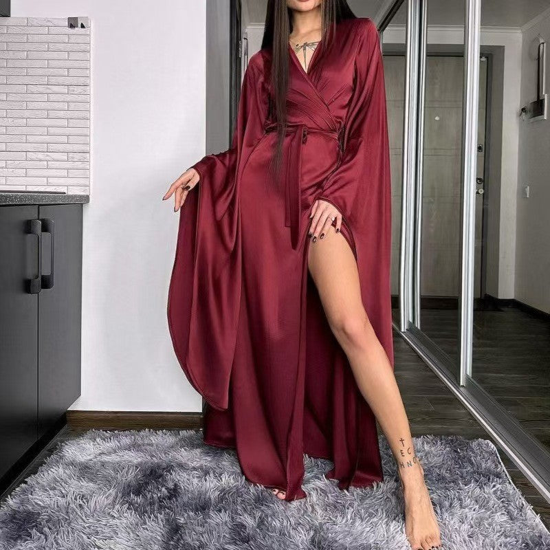 Satin Bell Sleeve High Slit Long Wrap Robe