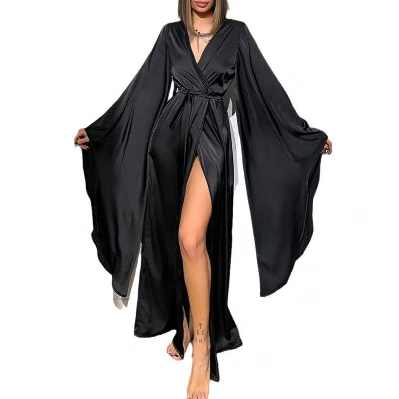 Satin Bell Sleeve High Slit Long Wrap Robe