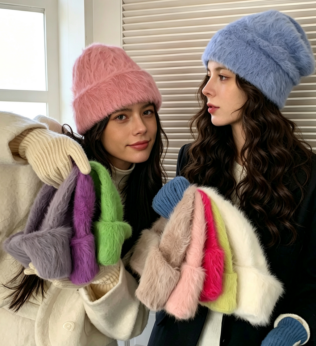 Fuzzy Slouchy Winter Beanie With Long Pile Texture - Blue - 4