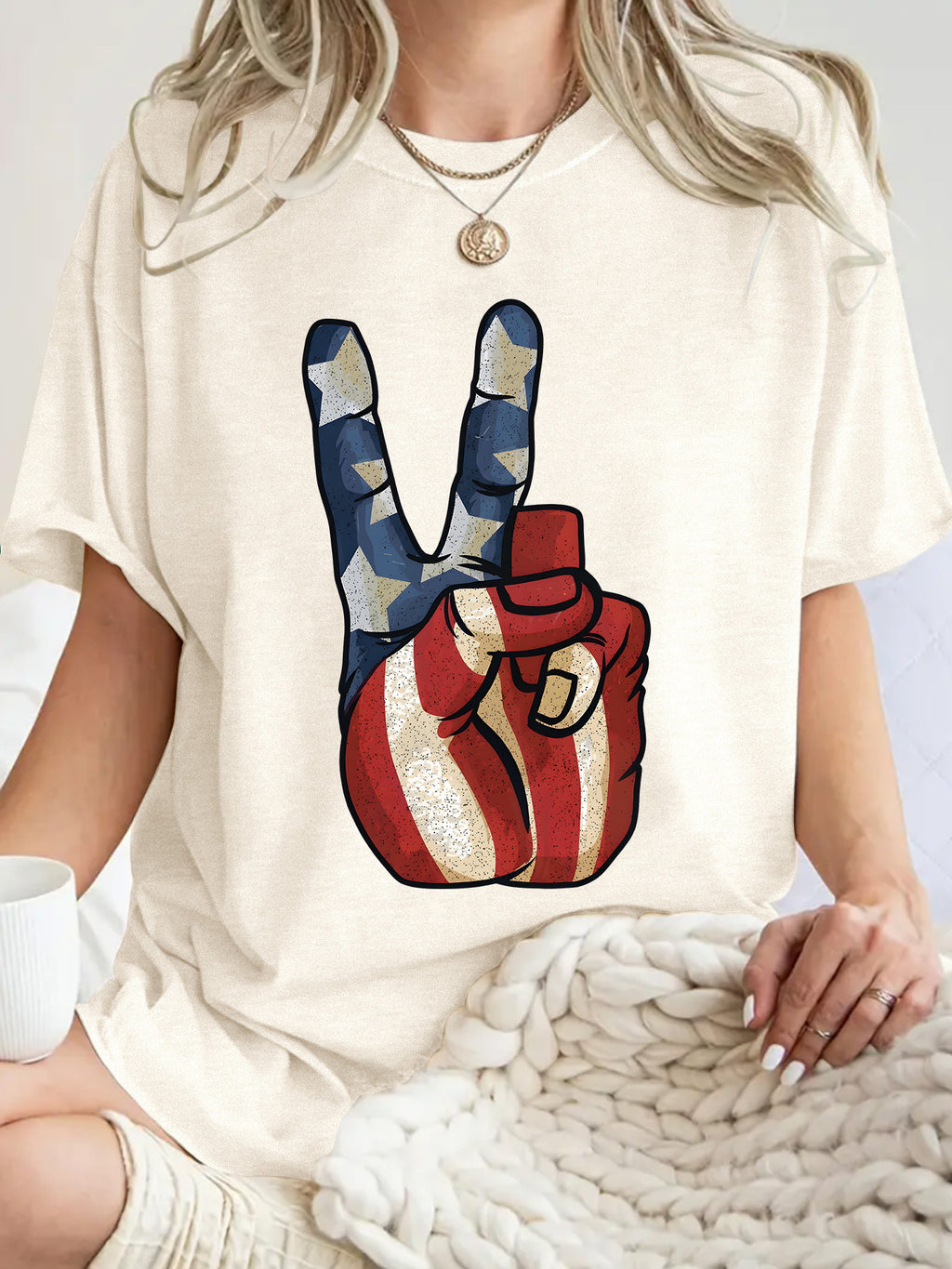 Peace Sign Flag Graphic Oversized Tee - Apricot