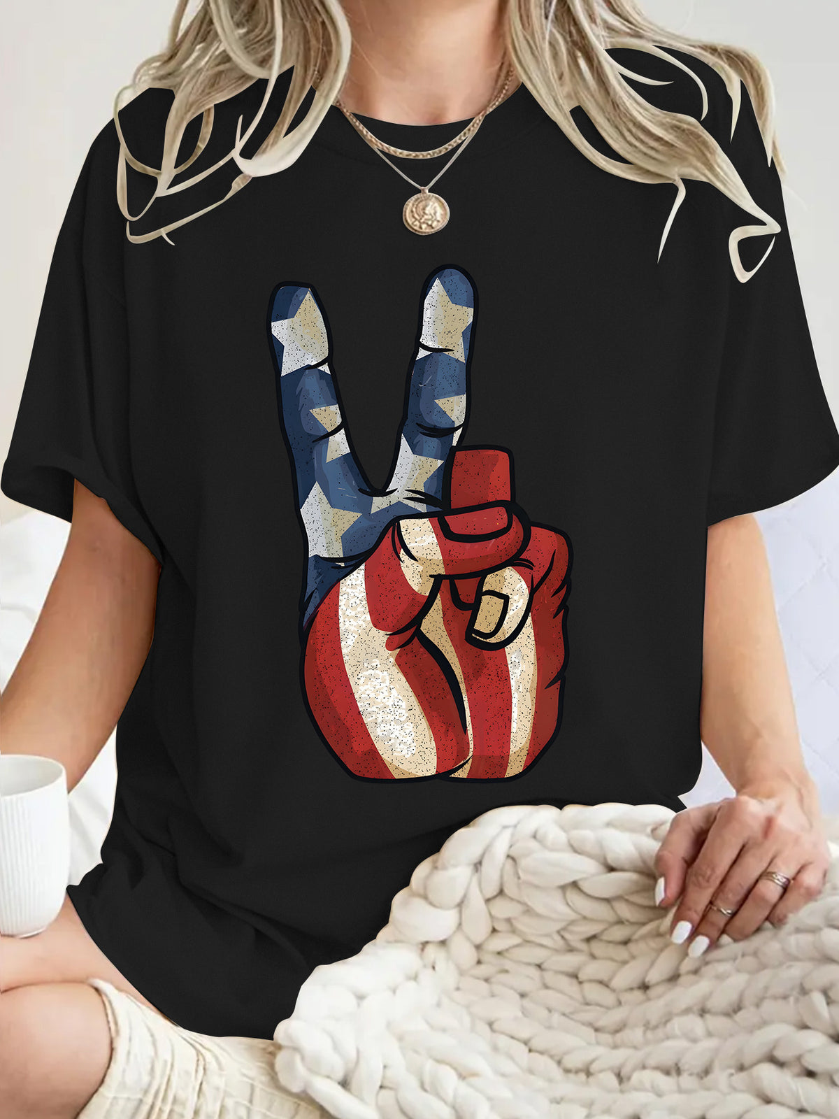 Peace Sign Flag Graphic Oversized Tee - Black