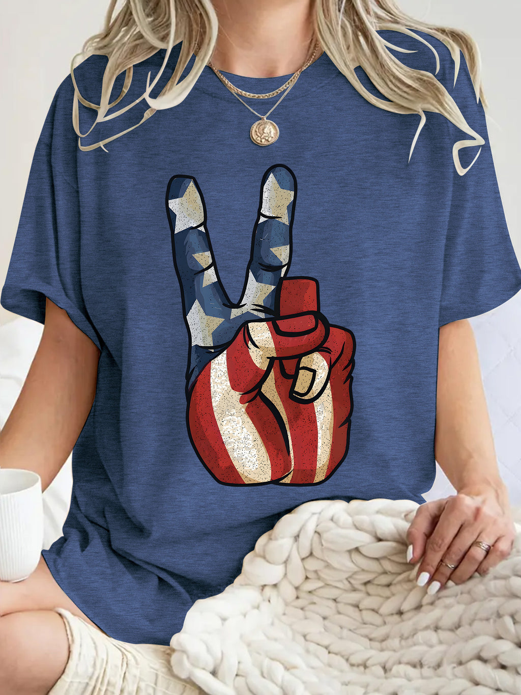 Peace Sign Flag Graphic Oversized Tee - Blue