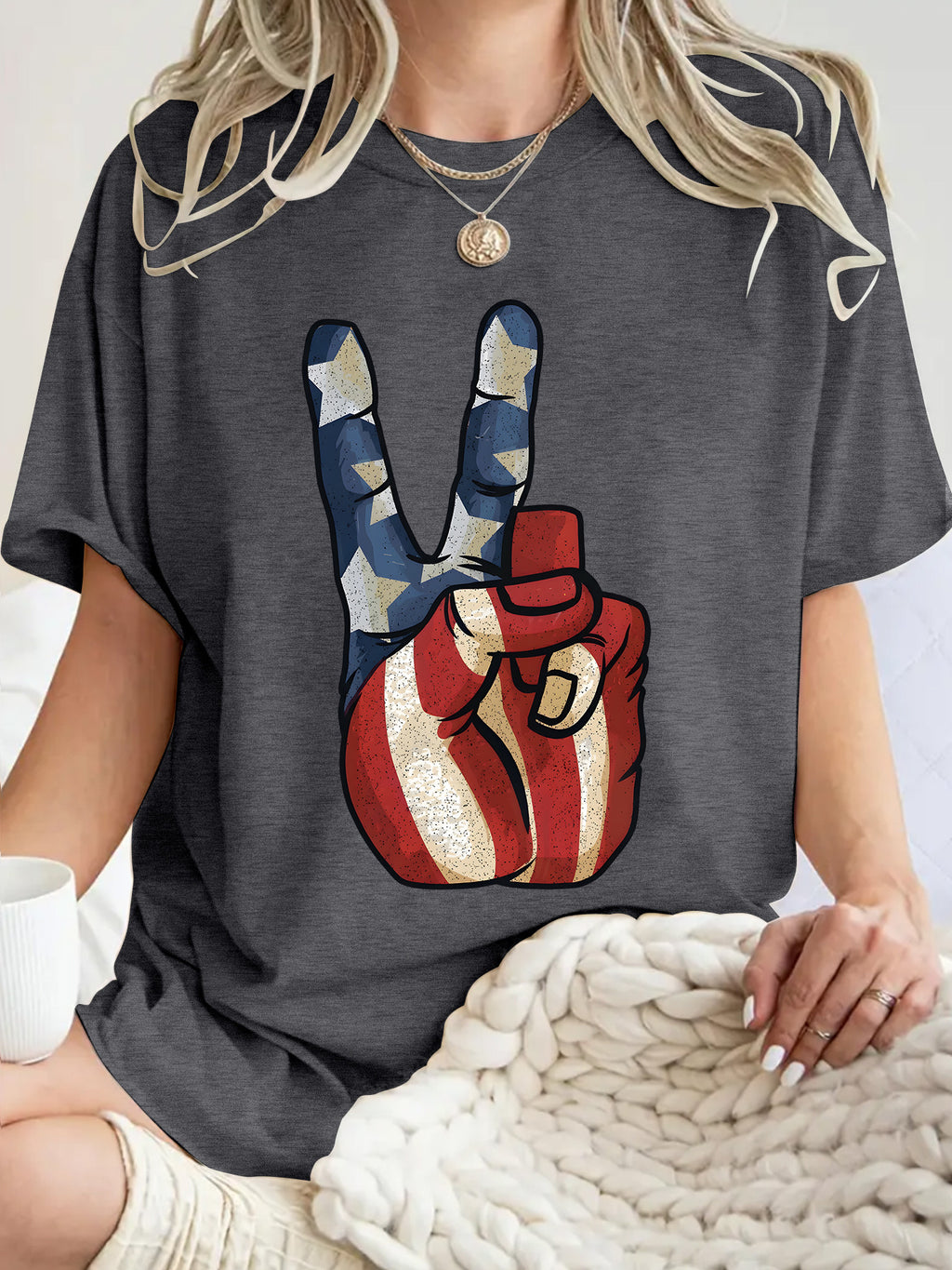 Peace Sign Flag Graphic Oversized Tee - Greyblack