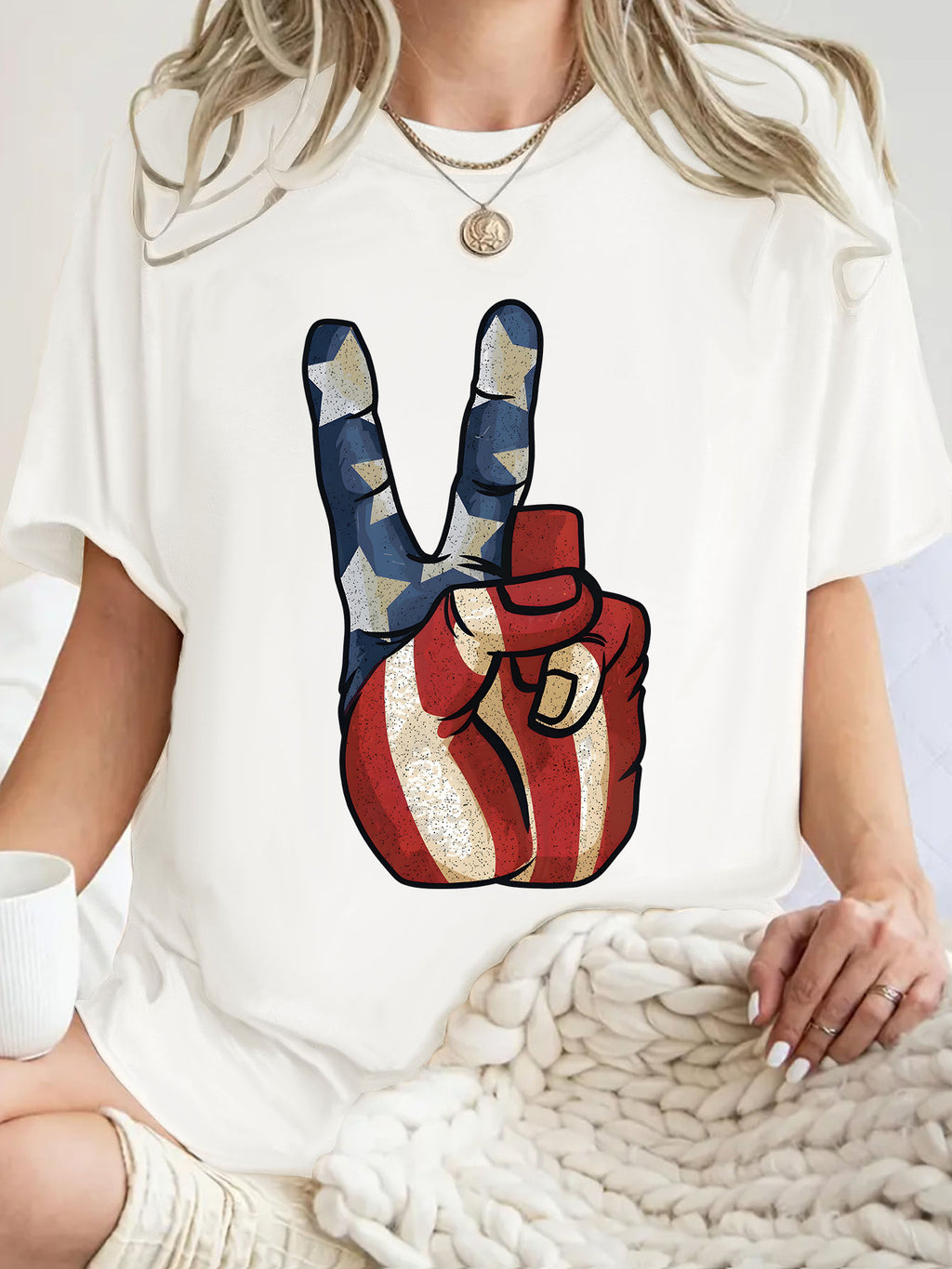Peace Sign Flag Graphic Oversized Tee - White