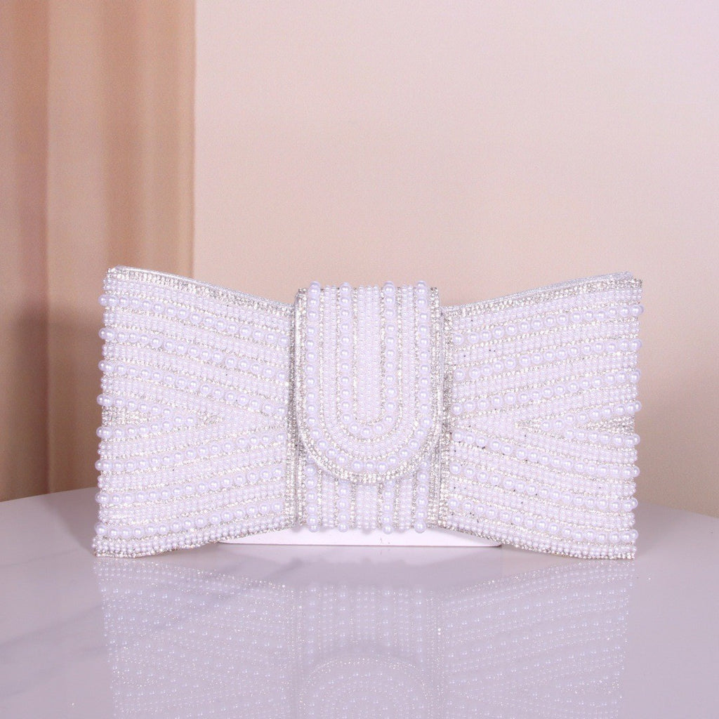 Pearl Beaded Bow Clutch Evening Bag - Pearl White