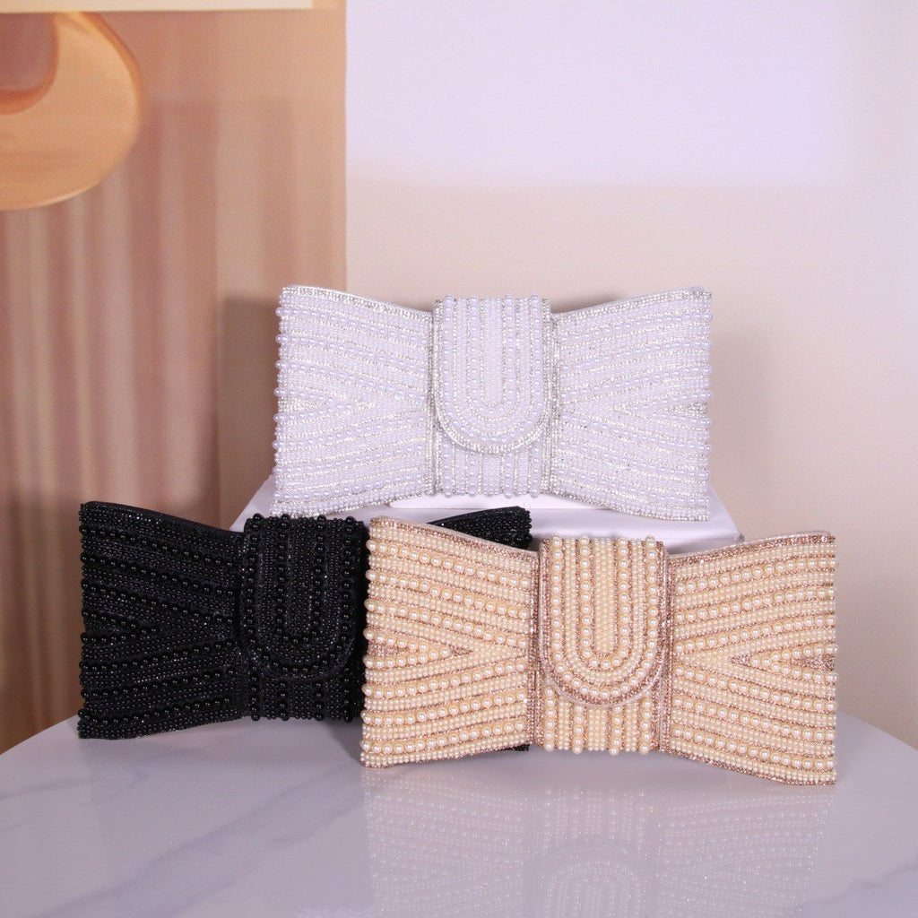 Pearl Beaded Bow Clutch Evening Bag