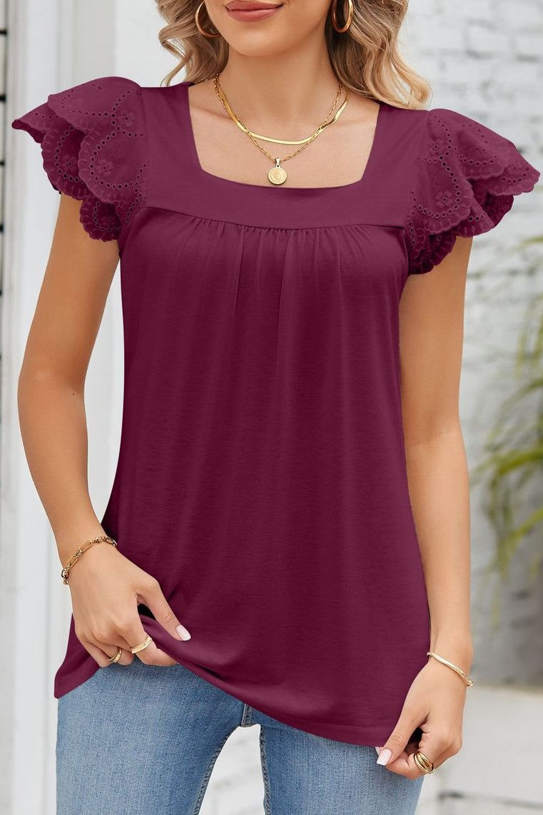 Square Neck Eyelet Flutter Sleeve Blouse - Berry - 1