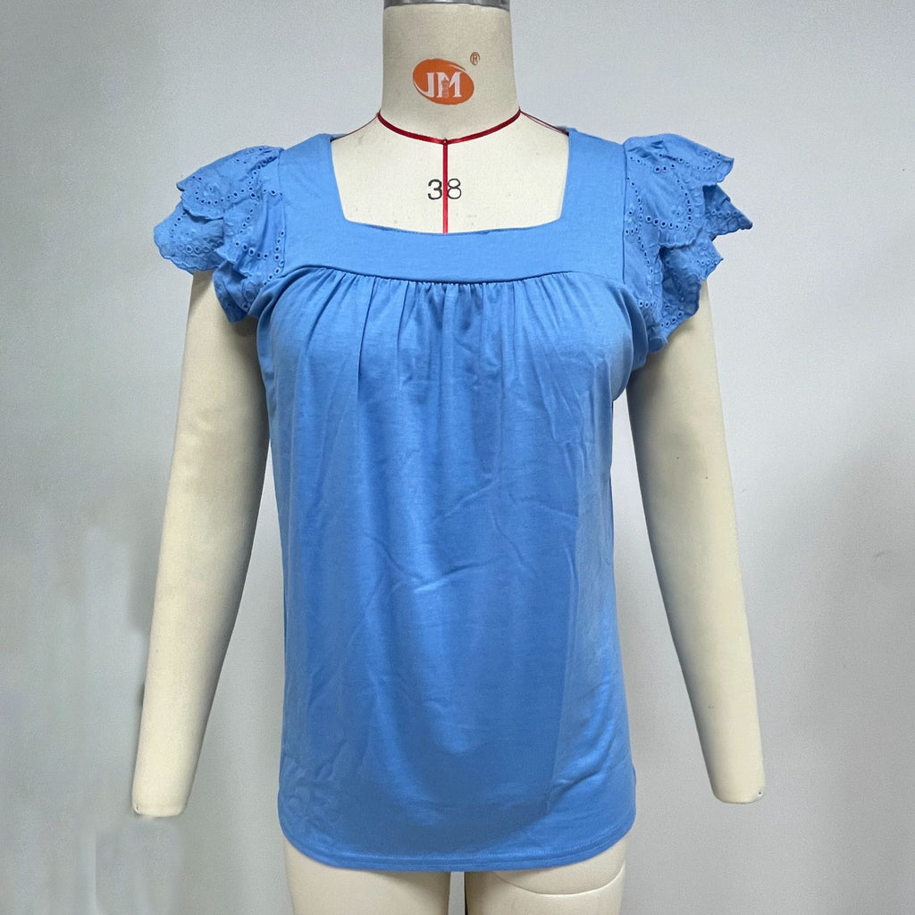 Square Neck Eyelet Flutter Sleeve Blouse - Blue - 2