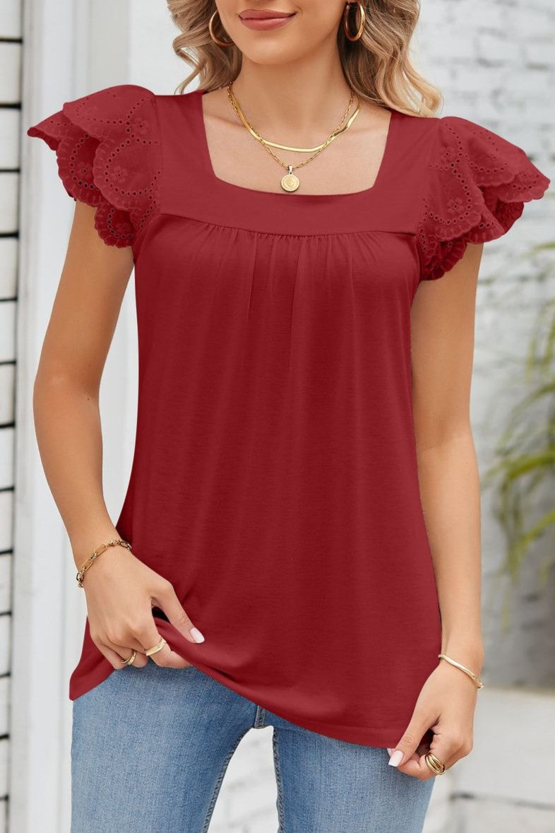 Square Neck Eyelet Flutter Sleeve Blouse - Burgundy - 1