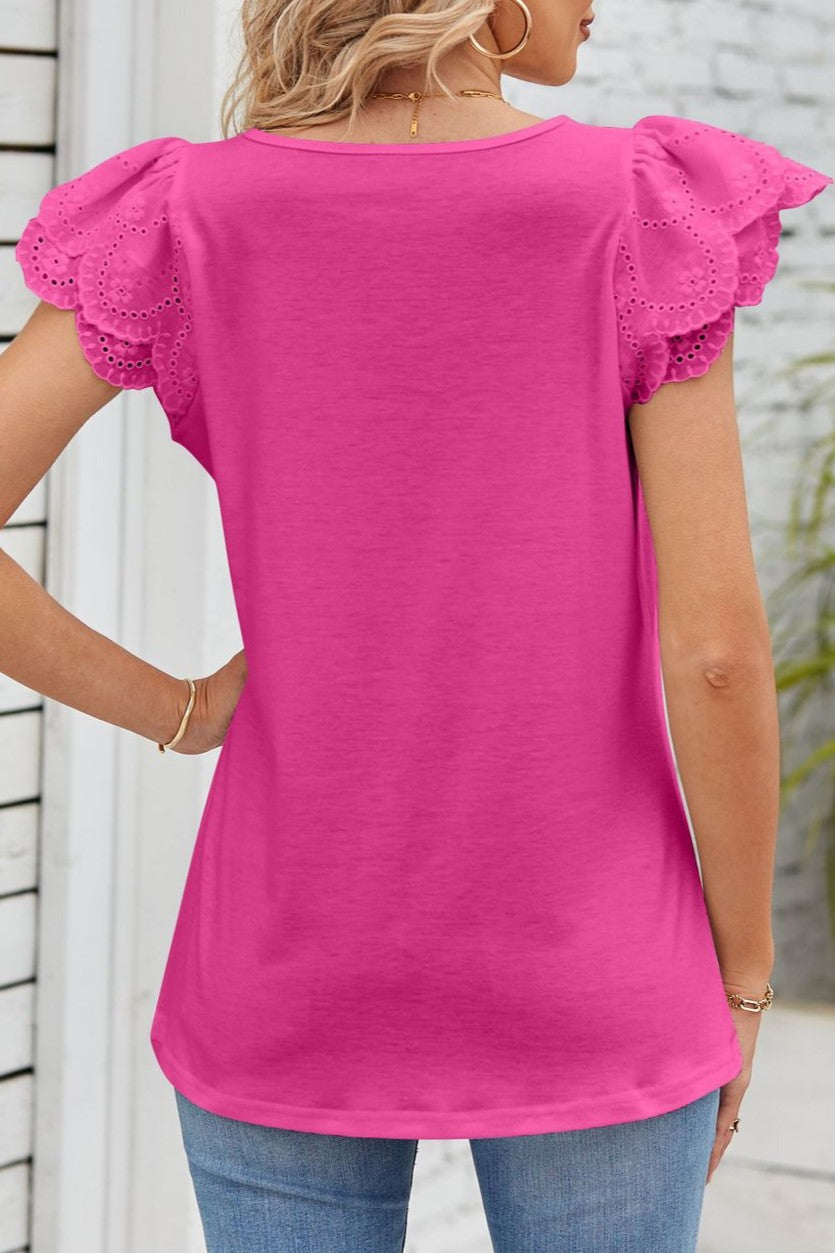 Square Neck Eyelet Flutter Sleeve Blouse - Rouge - 1