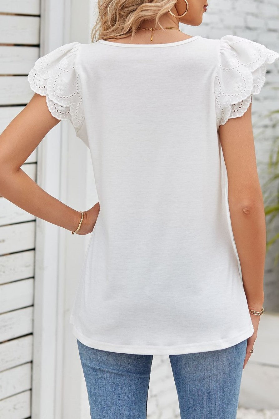 Square Neck Eyelet Flutter Sleeve Blouse - White - 2