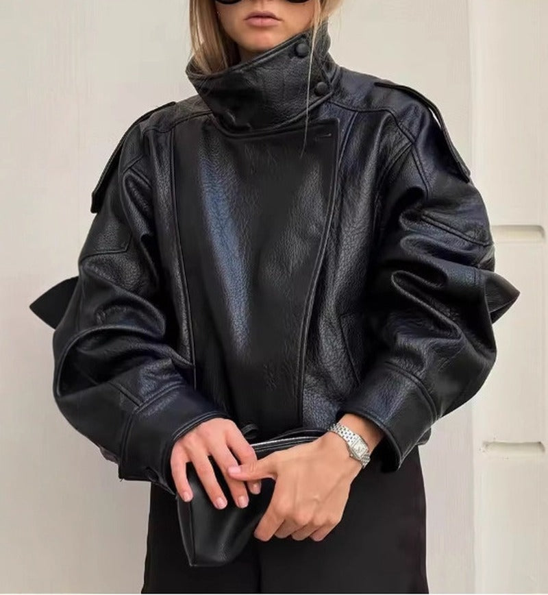 Oversized Faux Leather Funnel Neck Bomber Jacket
