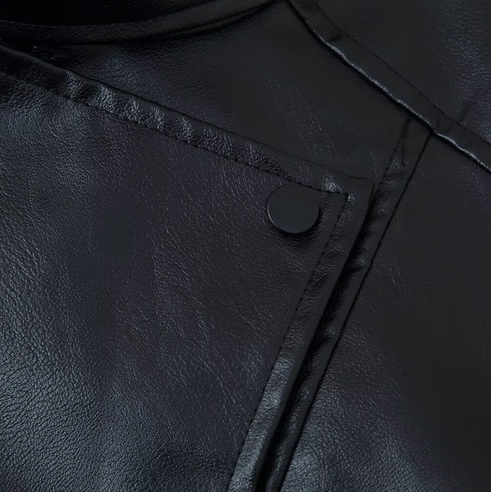 Oversized Faux Leather Funnel Neck Bomber Jacket