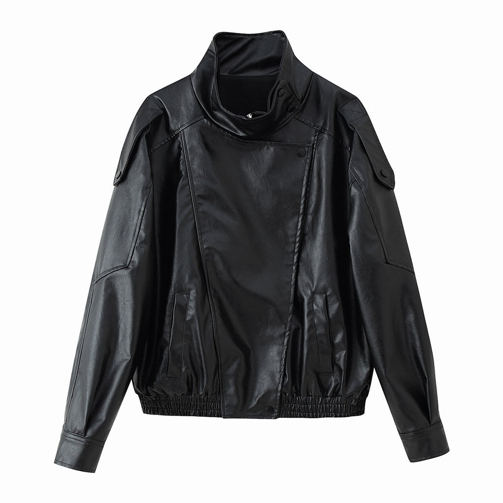 Oversized Faux Leather Funnel Neck Bomber Jacket