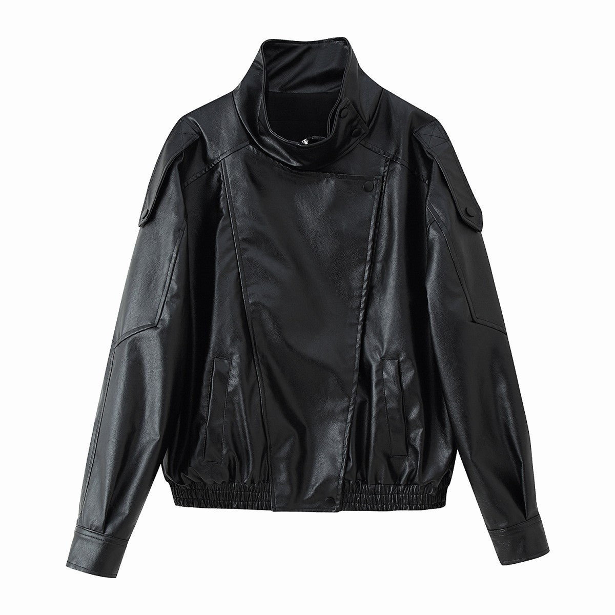 Oversized Faux Leather Funnel Neck Bomber Jacket