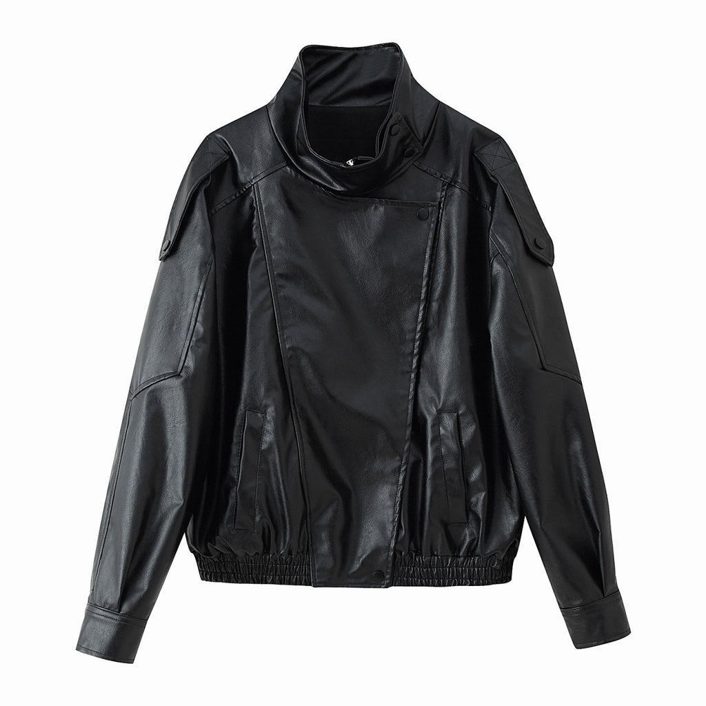 Oversized Faux Leather Funnel Neck Bomber Jacket