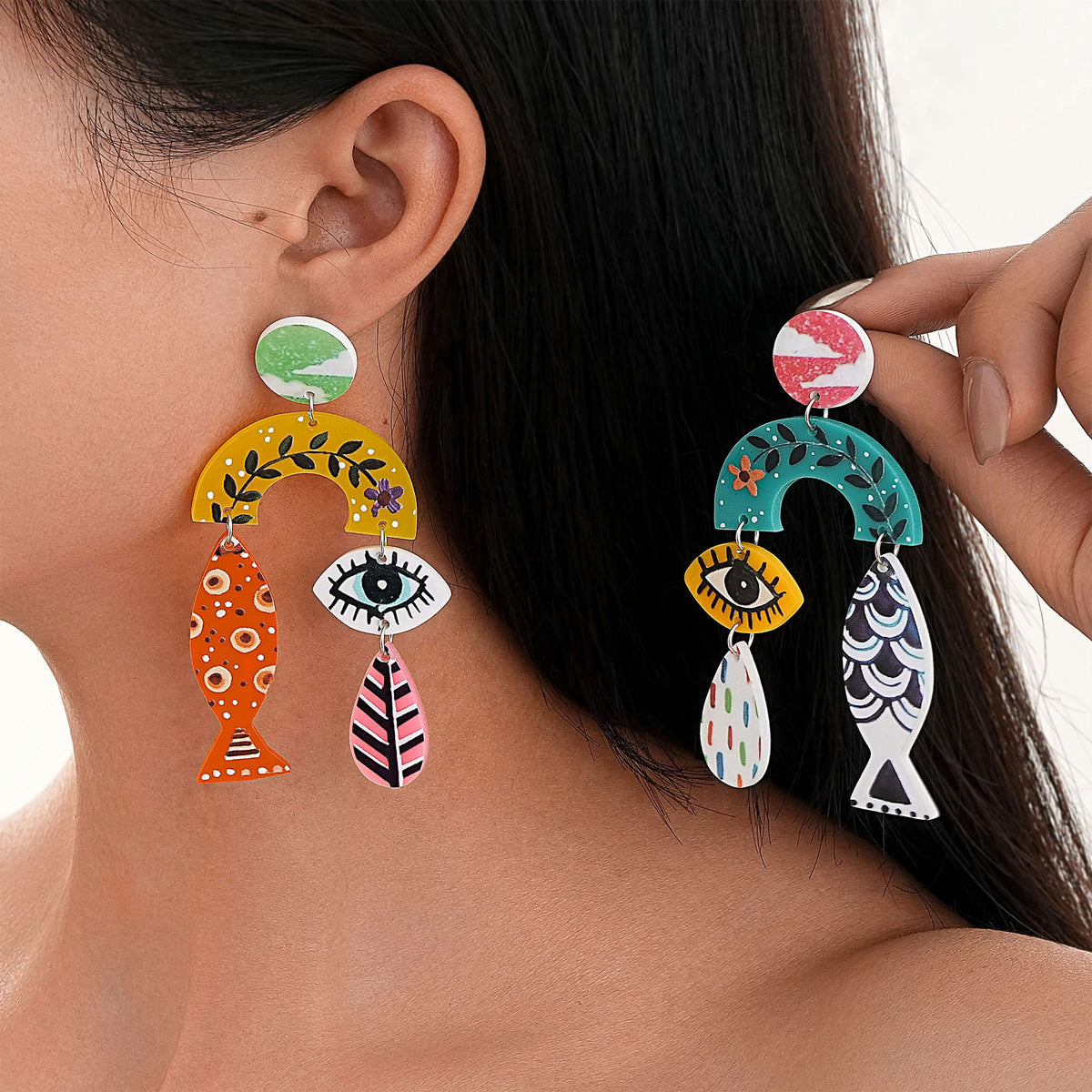 Whimsical Eye and Fish Charm Earrings - Color_01