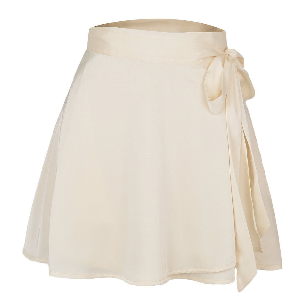 Tie-Waist Satin Wrap Mini Skirt - Beige