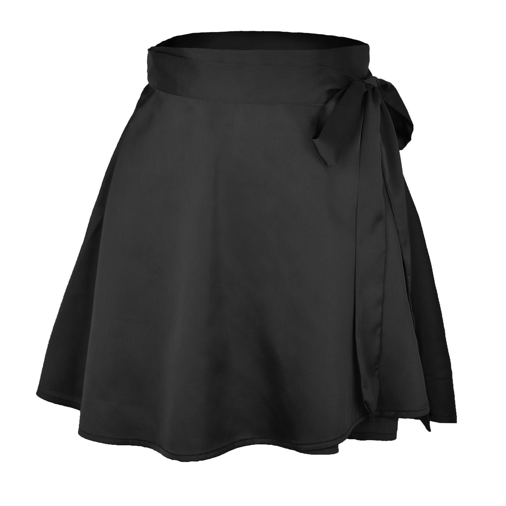 Tie-Waist Satin Wrap Mini Skirt - Black
