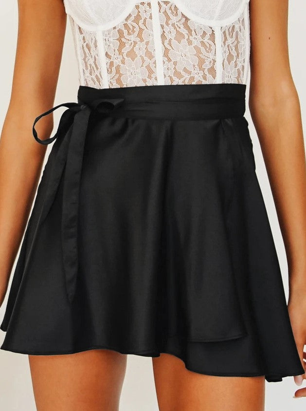 Tie-Waist Satin Wrap Mini Skirt - Black - 2