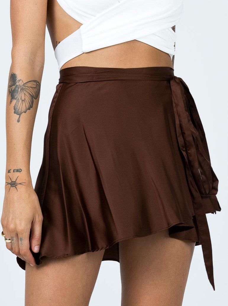 Tie-Waist Satin Wrap Mini Skirt - Brown - 2