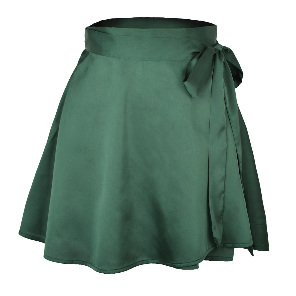Tie-Waist Satin Wrap Mini Skirt - Darkgreen