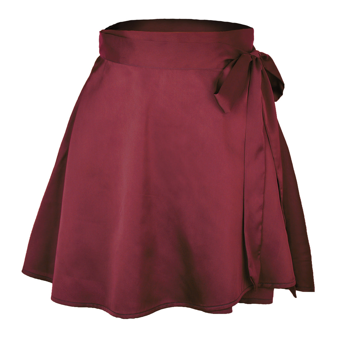Tie-Waist Satin Wrap Mini Skirt - WineRed