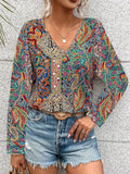 Boho Paisley V Neck Long Sleeve Tee - Mixed