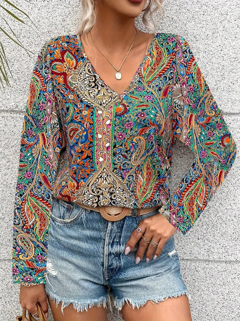 Boho Paisley V Neck Long Sleeve Tee - Mixed