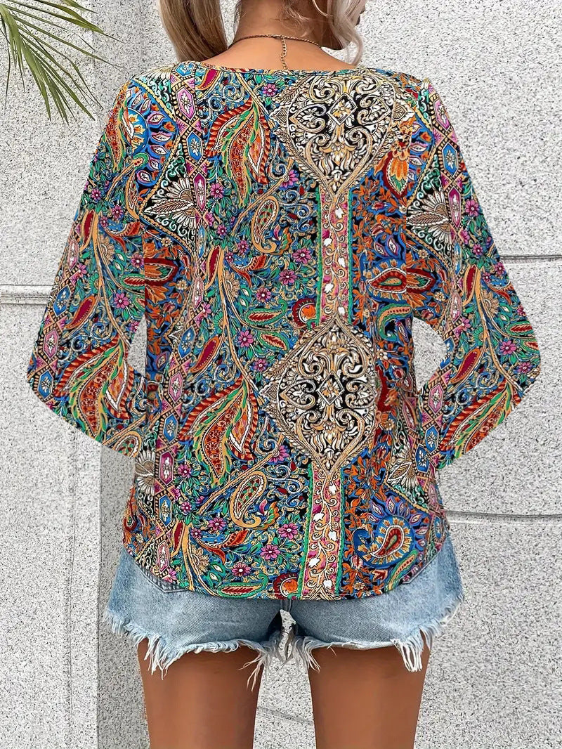 Boho Paisley V Neck Long Sleeve Tee - Mixed - 3