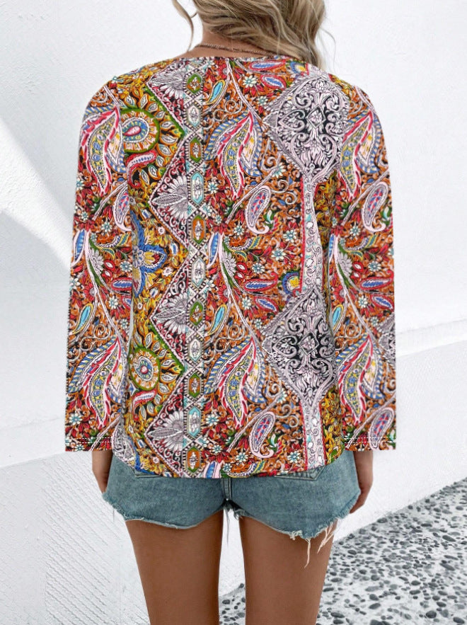Boho Paisley V Neck Long Sleeve Tee - MixedRed - 2