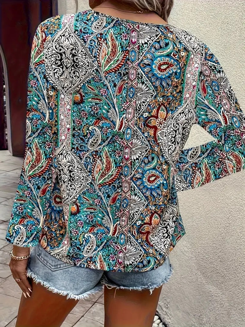 Boho Paisley V Neck Long Sleeve Tee - Teal - 3