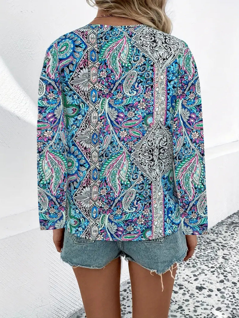 Boho Paisley V Neck Long Sleeve Tee - cyan - 2
