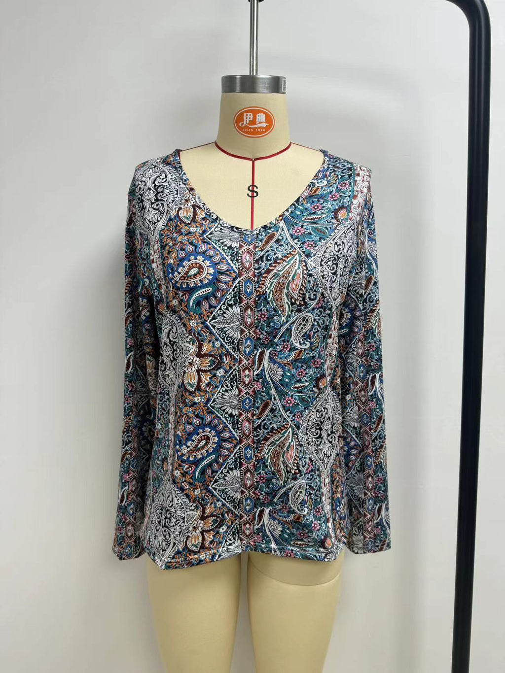 Boho Paisley V Neck Long Sleeve Tee