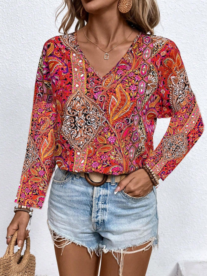 Boho Paisley V Neck Long Sleeve Tee - red