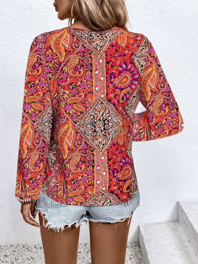 Boho Paisley V Neck Long Sleeve Tee - red - 2