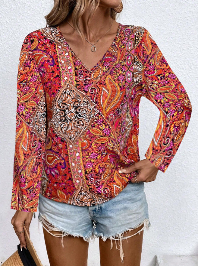 Boho Paisley V Neck Long Sleeve Tee - red - 3
