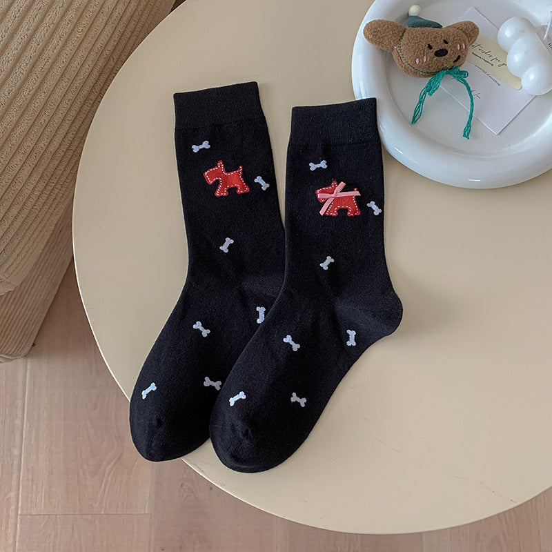 Dachshund Print Ribbed Crew Socks - Bow