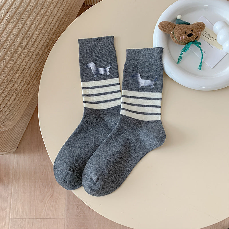 Dachshund Print Ribbed Crew Socks - DarkGrey