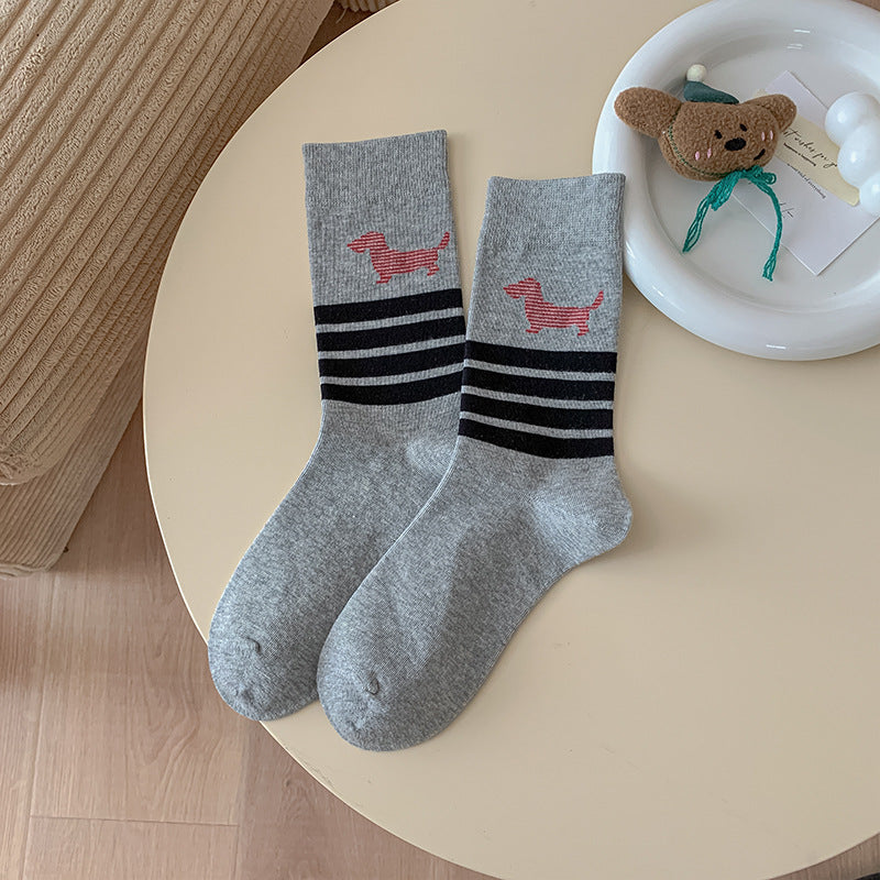 Dachshund Print Ribbed Crew Socks - Grey