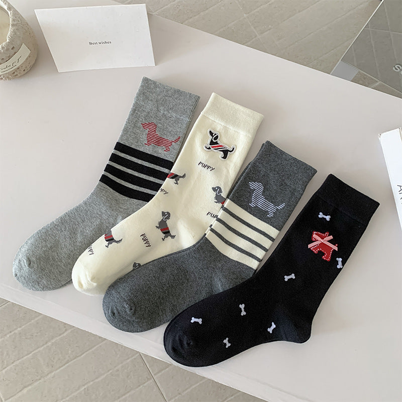 Dachshund Print Ribbed Crew Socks - Puppy
