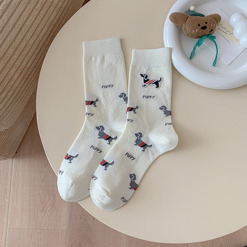 Dachshund Print Ribbed Crew Socks - Puppy - 1