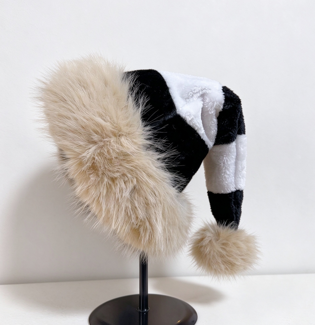 Shaggy Faux Fur Brim Santa Beanie with Long Tail - Black