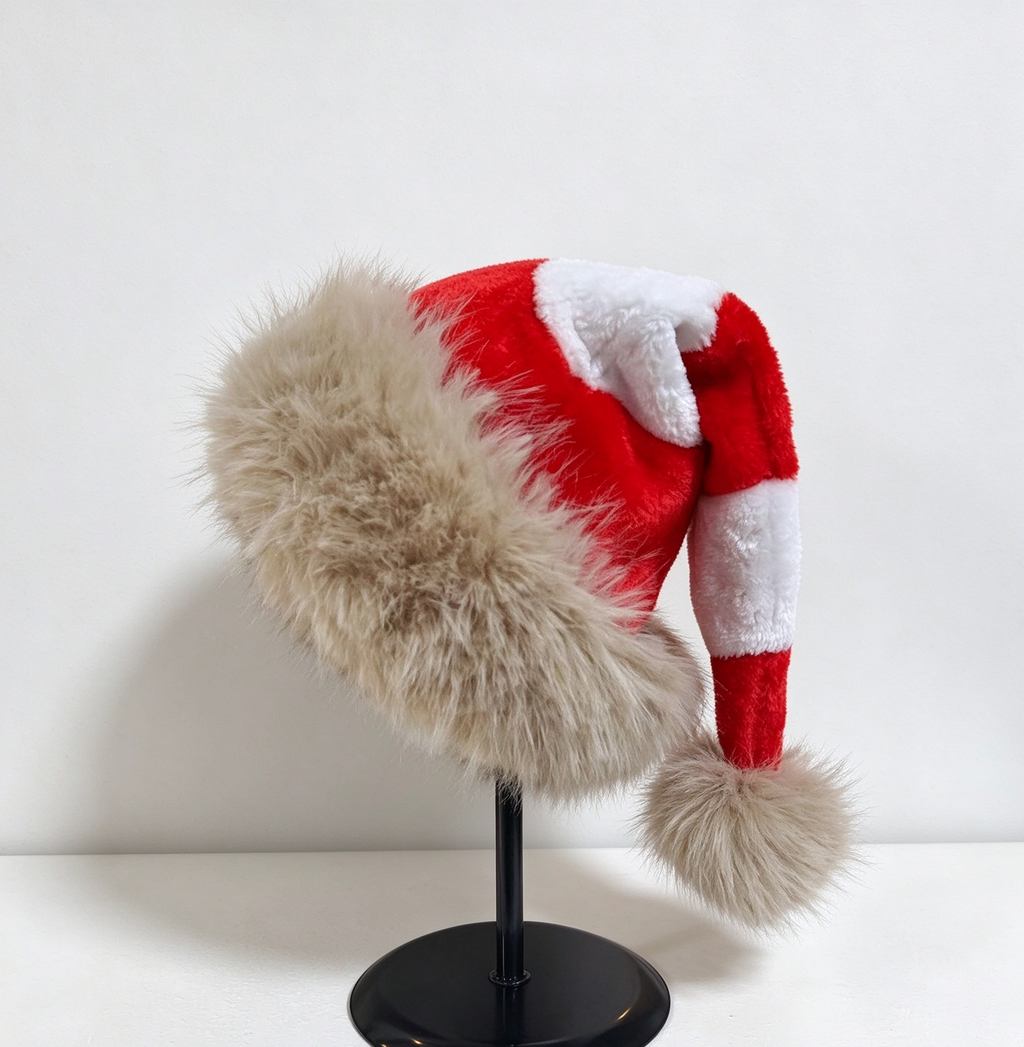 Shaggy Faux Fur Brim Santa Beanie with Long Tail - Red - 1