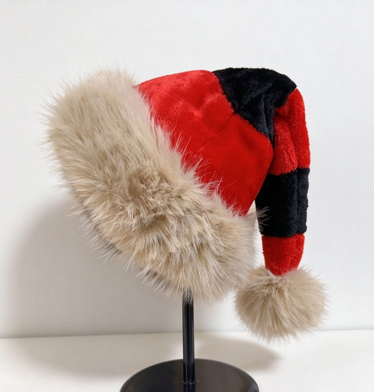 Shaggy Faux Fur Brim Santa Beanie with Long Tail - RedBlack