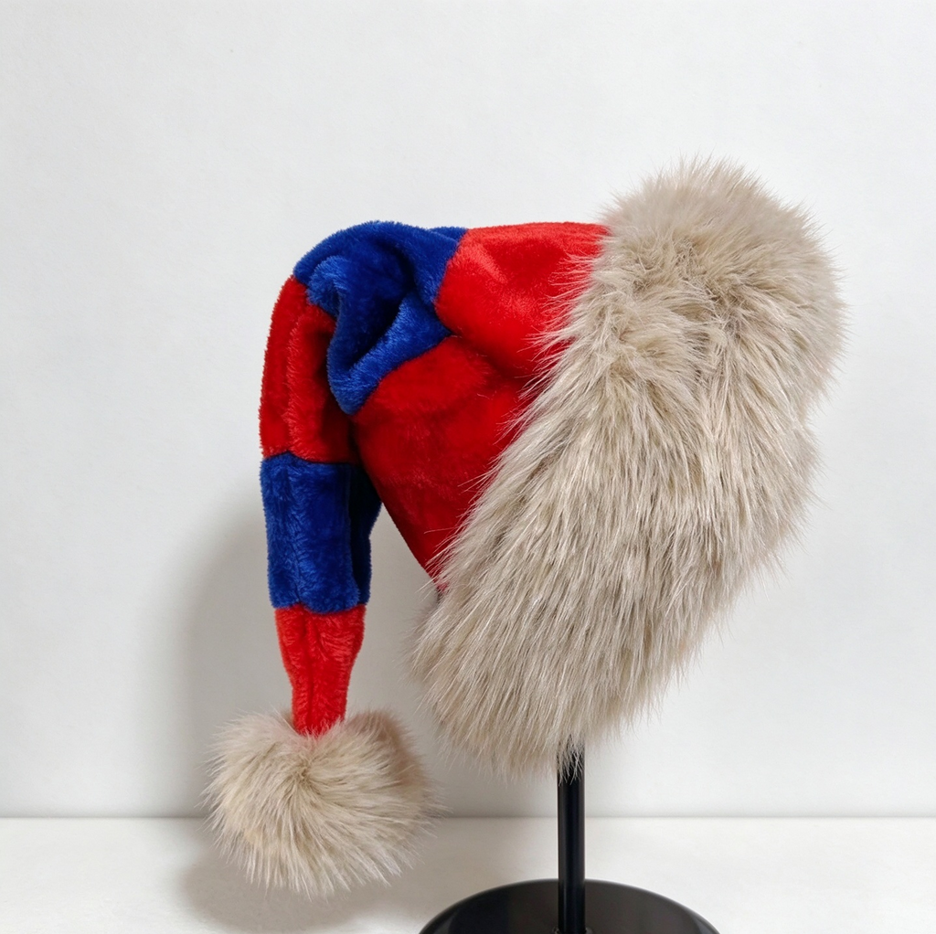 Shaggy Faux Fur Brim Santa Beanie with Long Tail - RedBlue