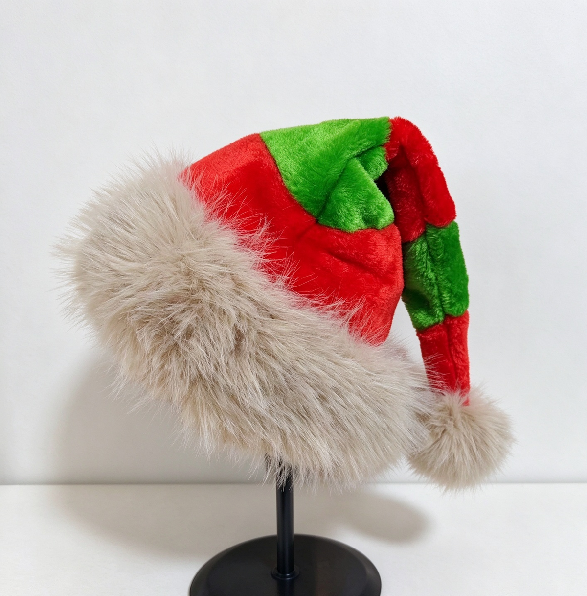 Shaggy Faux Fur Brim Santa Beanie with Long Tail - RedGreen