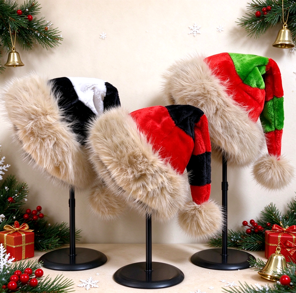 Shaggy Faux Fur Brim Santa Beanie with Long Tail